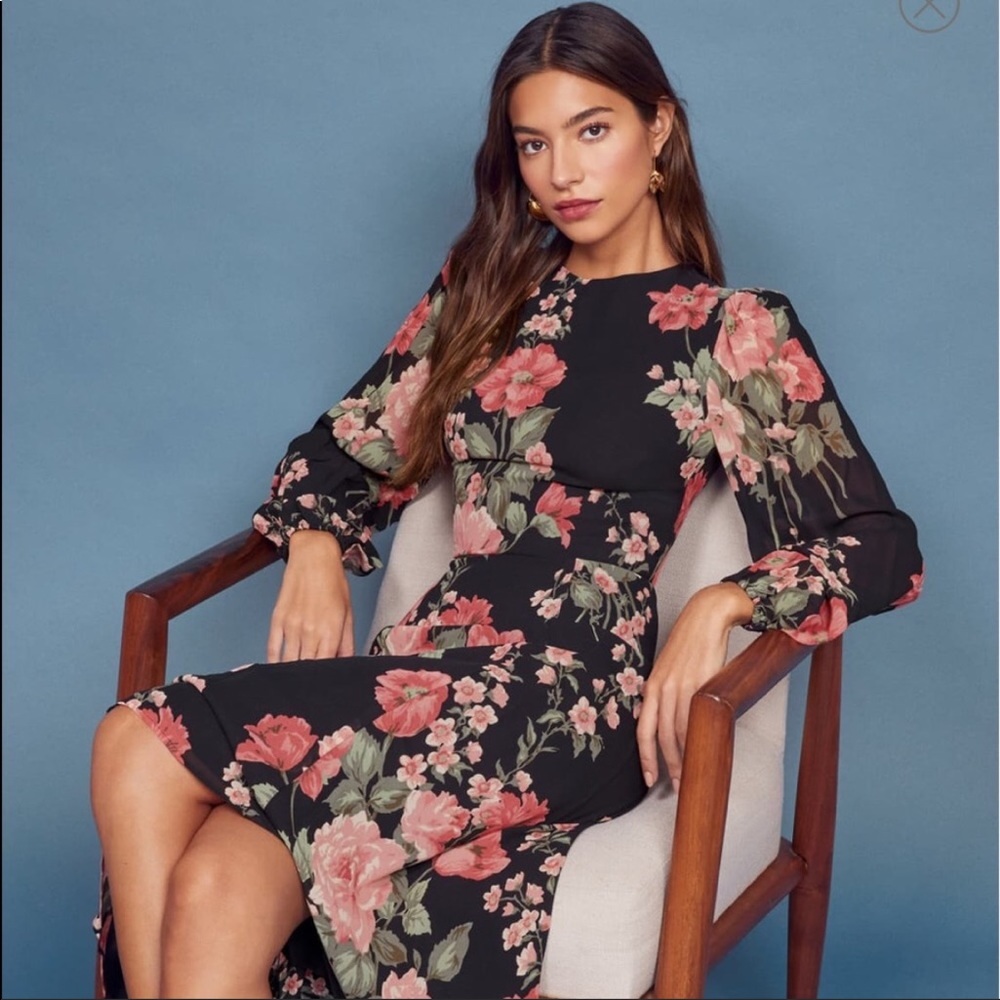 Reformation Black Floral Midi Dress with Pink & Green Blooms